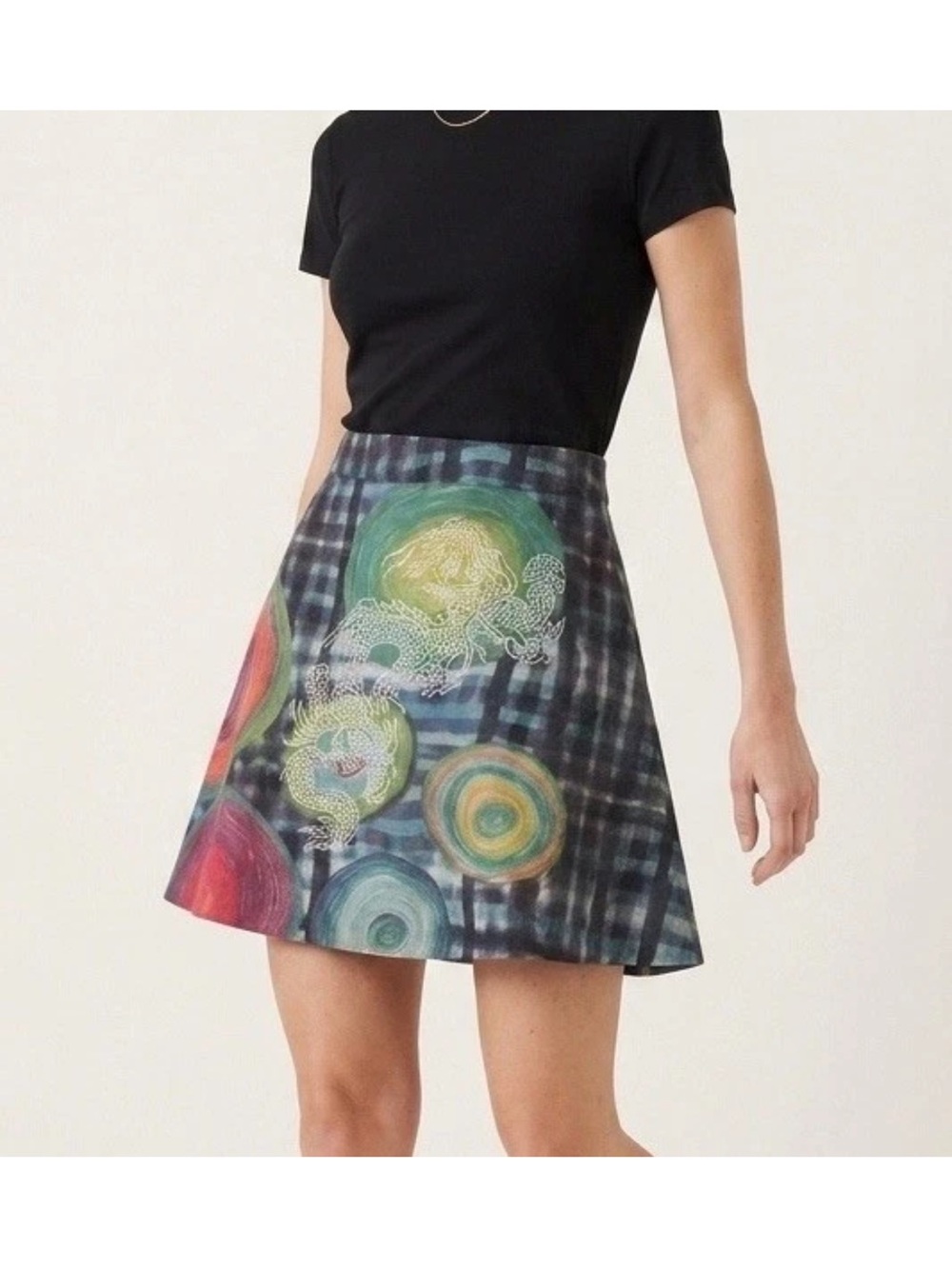 Desigual Navy Multi Dragon Unhemmed Modified Flared Skirt Sz Large